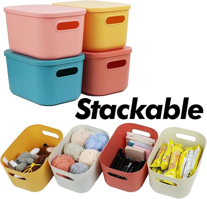 6Pcs Small Storage Bins with Lids, Stackable Plastic Organizer Bin Storage Containers for Organizing, Shelf Baskets for Pantry Cabinet Shelves Desktop Freezer Drawer Organization (6 Color, Small) - Image 4