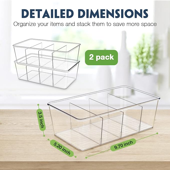 Pantry Organization and Storage Bins with Dividers Kitchen Organizer 2 Pack | Clear Refrigerator Organization Bin for Food, Snacks, Packets Pouches, Spice Packet, Fridge Cabinet Plastic Holder - Image 2
