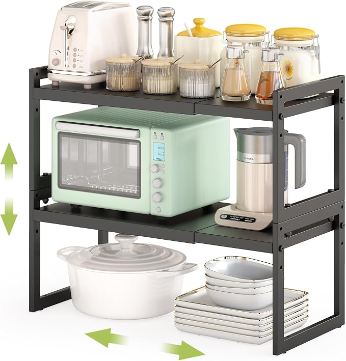 DOLALIKE Expandable Kitchen Countertop Organizer, Stackable Cabinet Shelf Organizers, Space Saving Spice Rack Pantry Storage for Bathroom Office Organization (Black, 2 Pack) | Space Saving Metal Pantry Storage Racks for Kitchen Spice Rack Pans and Unte... by DOLALIKE