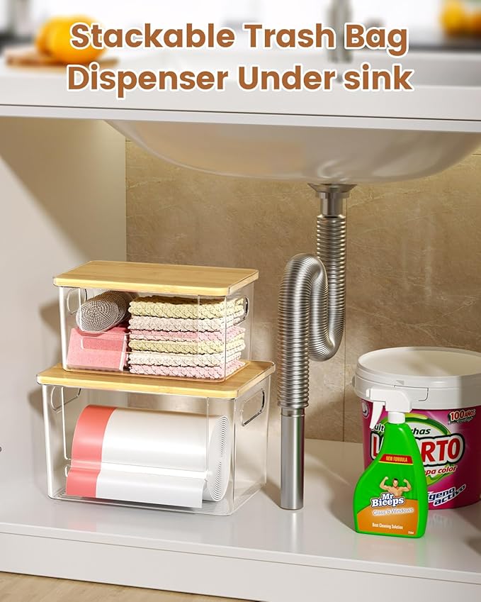 Trash Bag Dispenser 2 Pack (XL+S) - Trash Bag Holder with Bamboo Top | Acrylic Garbage Bags Dispenser Under Sink Organizer for Pantry, Kitchen, Laundry Room, Cabinet 2 Pack (XL+S) - Image 4