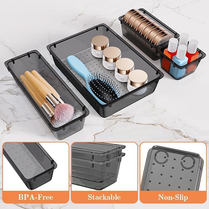25 PCS Plastic Drawer Organizer, Versatile Organizer Trays & storage Bins | 4-Size Versatile Organizer Trays & storage Bins for Makeup, Jewelry, and Gadgets in Bathroom, Bedroom and Office, Clear Black - Image 3
