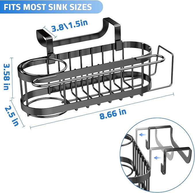 Cisily Kitchen Sink Caddy Sponge Holder in The Sink, Stainless Steel Kitchen Sink Organizer, Brush Holder, Dish Cloth Hanger, Sink Stopper Holder (Hanging-Black) - Image 4