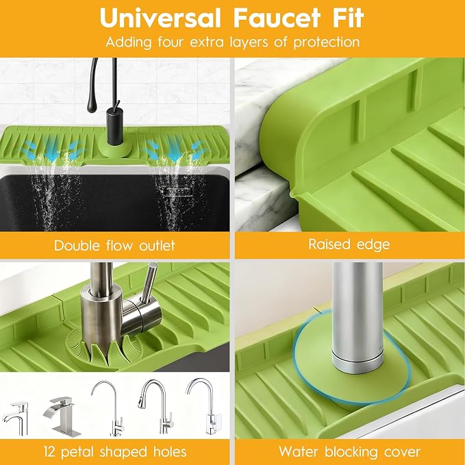 16" Silicone Faucet Mat for Kitchen Sink of The Lastest, Green | 8° Slope Fast Self-draining, Kitchen Sink Water Splash Guard, Behind Faucet Draining Mat, for Bathroom Kitchen Sink Area - Image 7