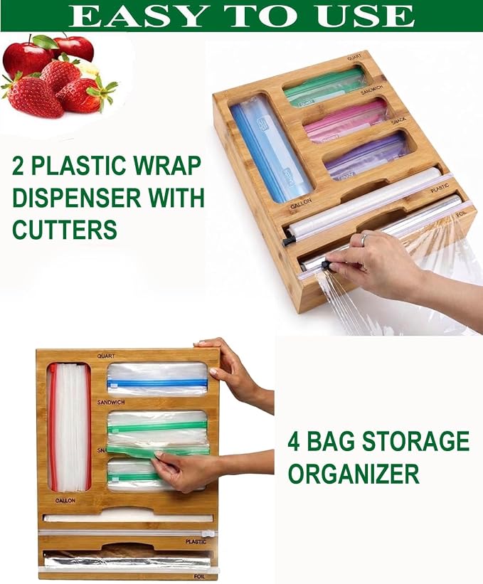 Bag Storage Organizer for Kitchen Drawer and Plastic Wrap Dispenser with Cutter, 6 In 1 Large Capacity Bamboo Foil and Plastic Bag Food Baggie Organizer for Snack, Sandwich, Gallon, Quart - Image 4