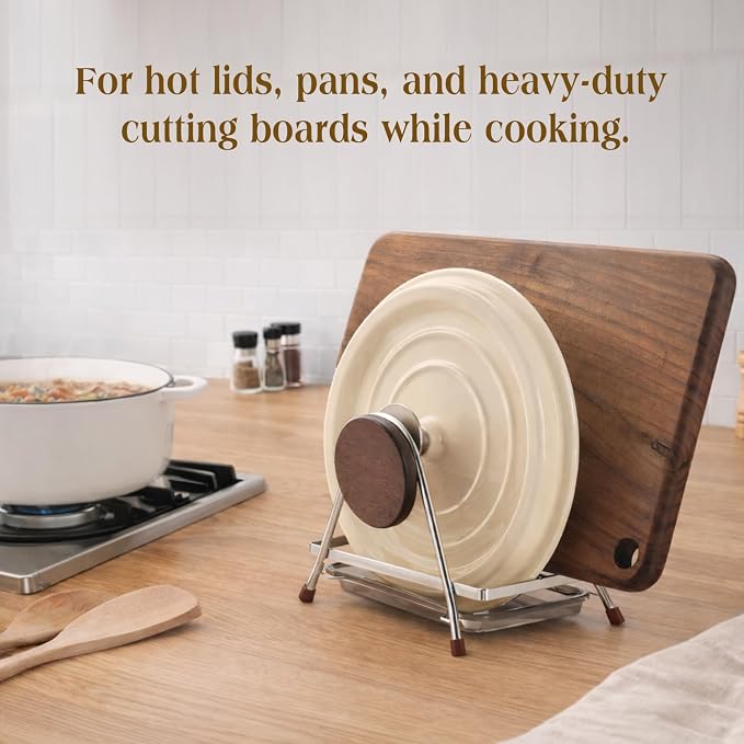 6.5mm Stainless Steel Pot Lid Holder while Cooking, Multifunctional Cutting Board Pan Lid Organizer for Countertop with Beech Wood Accents, Heavy Duty Rack with Nonslip Pads & Removable Drip Tray - Image 4