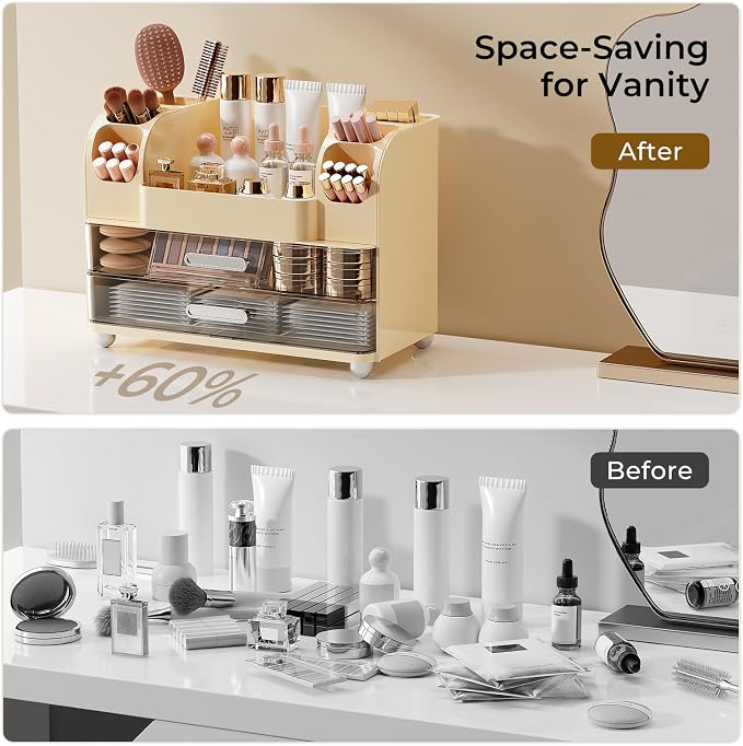 UFORU Makeup Organizer Countertop with 2 Large Drawers for Vanity Bathroom | Brush Holder, Large Capacity, Thickened Plastic, Compact Footprint, Space-Saving Design, Easy Clean, Ideal for Dorm Rooms - Image 6