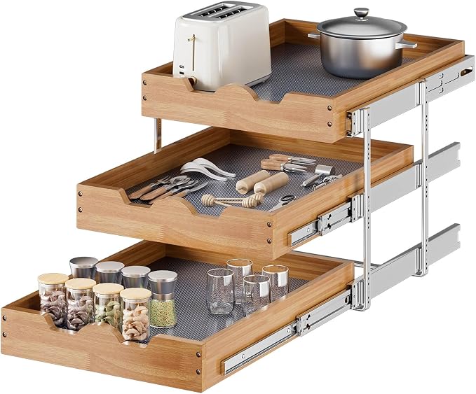 OCG Pull Out Cabinet Drawer 17" W x 21" D, 3 Tier Pull Out Cabinet Organizer, Heavy-Duty Slide Out Drawer for Cabinets, Organization for Kitchen, Pantry, Bathroom by OCG