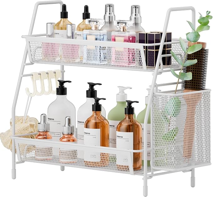 2 Tier Bathroom Countertop Organizer, Vanity Storage Shelf, Small, White | Bathroom Counter Organizer, Vanity Makeup Tray Shelf, Kitchen Spice Rack, Metal Wire Mesh, with Basket Hooks by VITVITI