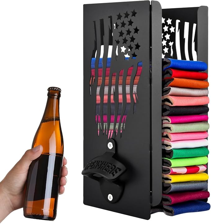 Can Cooler Holder with Bottle Opener, 2 in 1 Personalized Beer Can Sleeves Storage Organizer Wall Mount Beer Sleeves Organizer Dispenser for Home Family Bar Ideal Gift for Men Dad by Unknown