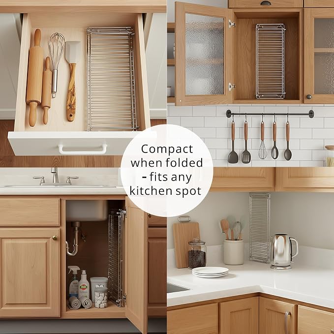 Collapsible Dish Drying Rack Stainless Steel for Kitchen Counter | Compact Dishes Drying Rack c/w Grey Drying Mat, Folding Dish Drainer for Narrow Small Space - Foldable, Silver - Image 3