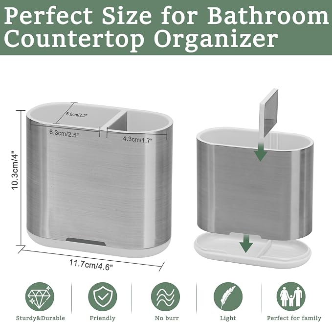 Toothbrush Holders Toothpaste Organizer for Bathrooms, Sliver, Small | 2 Slots, Easy to Clean, Plastic, Kids Electric Toothbrush, Drainage, Removable, For Bathroom, Vanity, Kitchen Sink, Office - Image 4