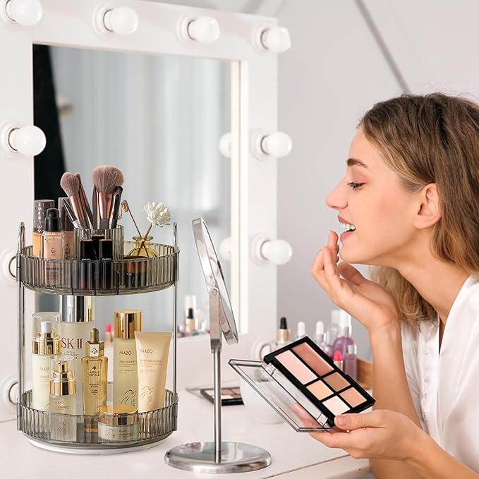 Rotating Makeup Organizer for Vanity, High-Capacity Skincare Clear Make Up Storage Perfume Organizers Cosmetic Dresser Organizer Countertop 360 Spinning (Gray, New-2 Tier) - Image 6