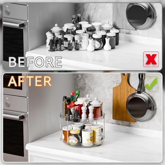 2 Tier Lazy Susan Turntable for Cabinet,Countertop,Pantry,12"W Spinning Seasoning Organizer,Double Rotating Kitchen Spice Rack Organizer and Condiments,Medicine,Vitamin Bottle Organizer Carousels,1Pc - Image 5