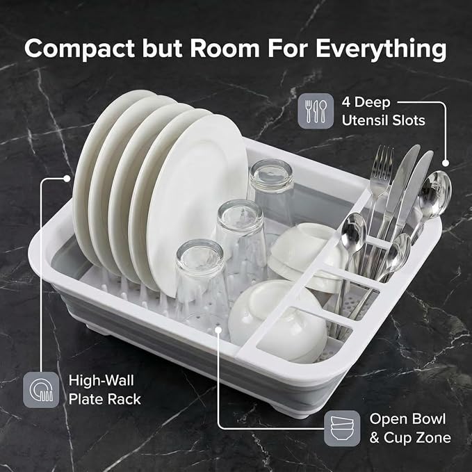 American Dream Collapsible Dish Drying Rack, BPA Free, Grey Foldable Kitchen Dish Drainer with Drain System, Space-Saving Organizer for Plates, Cups & Utensils - Image 5