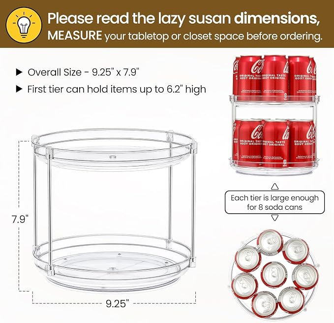 2 SET 2 Tier Non-Skid Acrylic Lazy Susan Organizer - Rotating Spice Rack - Turntable Spinning Organization for Kitchen, Pantry, Countertop, Closet, Bathroom, Vanity, Medicine Cabinet Organizing,9.25'' - Image 2