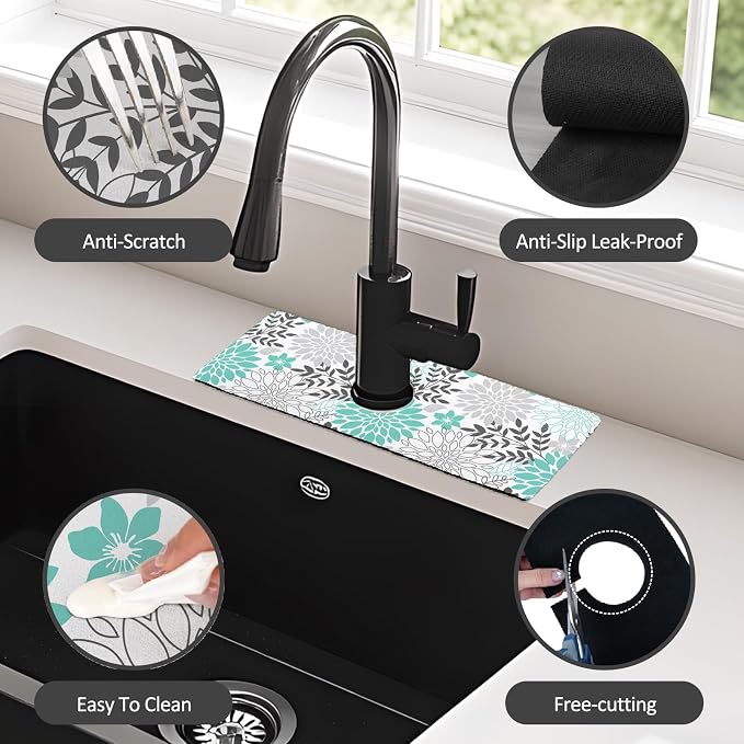 15" X 5.5" Kitchen Sink Splash Guard Faucet Mat Floral Super Absorbent Fast Drying Faucet Guard & Draining Mat Sink Splash Guard Behind Faucet for Kitchen, Bathroom - Image 6