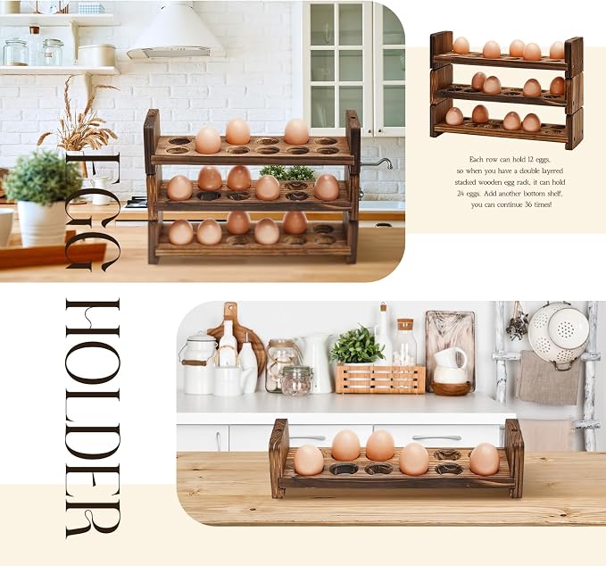 Wooden Egg Holder for Countertop 3 Layer Rack for 36 Eggs Stackable Storage Tray Organizer Rustic Home Kitchen & Country Decor Uneven Color Crafts, Need to Assemble - Image 2