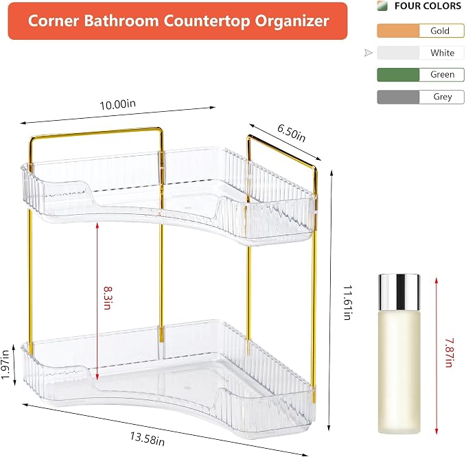 Corner Bathroom Counter Organizer Bathroom Countertop Shelf Makeup Organizer for Vanity Perfume Tray for Corner Storage (2 Tiers, White) - Image 2