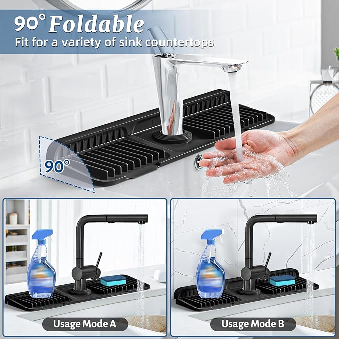 PoYang 17.7 Inch Faucet Mat for Kitchen Sink Splash Guard, Silicone, Black | Sink Protectors with 7° Slope for Smooth Drainage, Snap Button Holds It in Place, 90° Foldable & Cuttable Hole Fit Most Sinks - Image 2