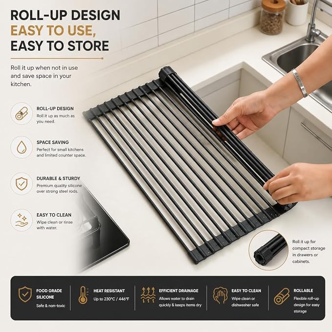Roll Up Dish Drying Rack for Kitchen Sink, Silicone Wrapped Dish Drainer,Flodable Over Sink Drying Rack,Heat Resistant, Drain Mats, Space Saving, Multipurpose (Matte Black, Large) - Image 5