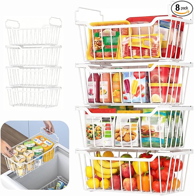 Goovilla Freezer Organizer Bins for 5-7 Cu.FT Chest Freezer,8 Pack White | Foldable Handle Stackable Freezer Baskets, Coated Metal Freezer Storage Bins with Better Space Utilization, Deep Organization by Goovilla