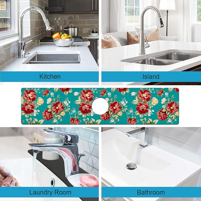 Kitchen Sink Splash Guard Faucet Mat Super Absorbent Fast Drying Mat Sink Gadgets Splash Guard Behind Faucet Drip Catcher for Kitchen (Boho Flowers, 23.5x5.5in) - Image 3