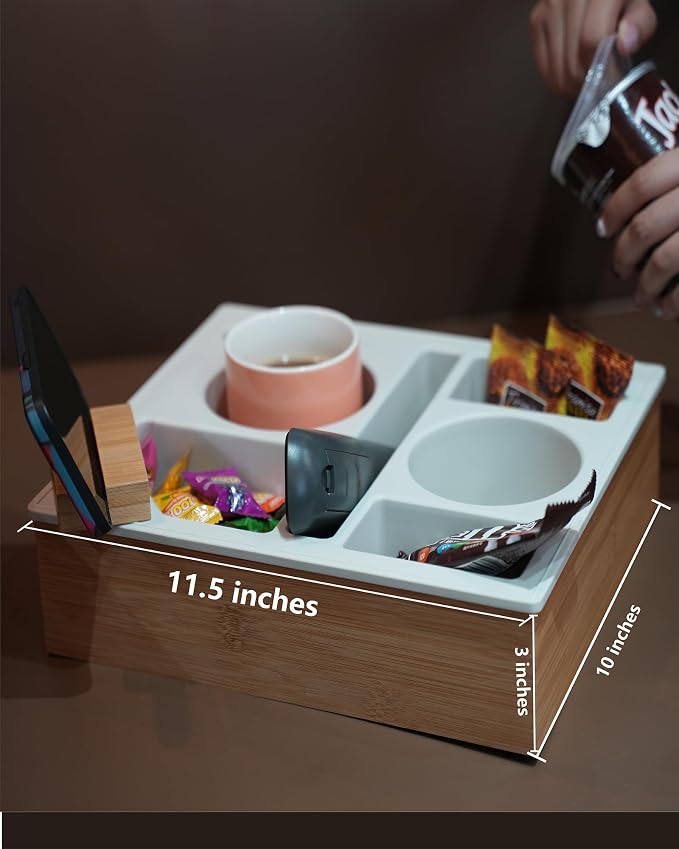 Couch Cup Holder Tray, Handy Silicone Bamboo Couch Caddy with Rotatable Phone Holder for Bed Car Seat Organizer, Waterproof Anti-spill Sofa Cup Holder for Snacks Beverage Remote (Gray) - Image 4