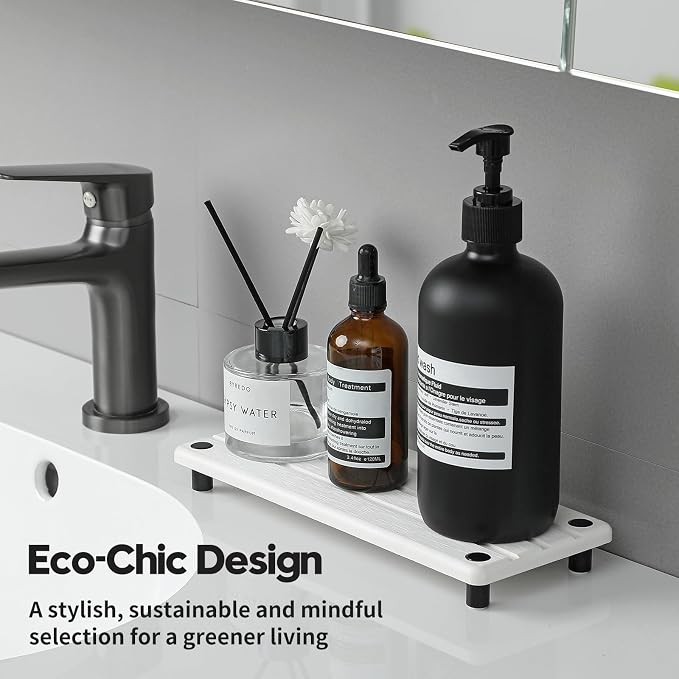 Instant Dry Sink Caddy Kitchen Sink Organizer, Quick Drying Diatomaceous Earth Stone Sink Tray Sponge Holder Soap Dish, Bathroom Countertop Vanity Dispenser Toothbrush Bottle, White, 10" x 4" - Image 4
