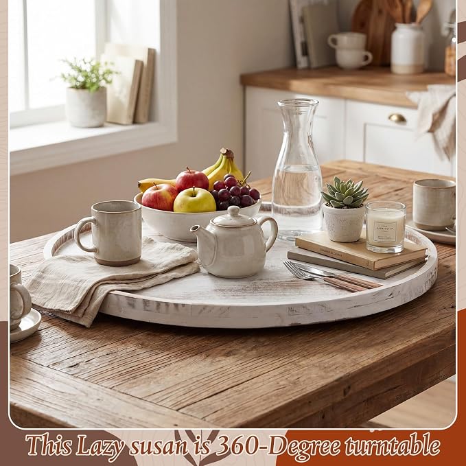 20'' Wood Lazy Susan for Countertop Acacia Large Turntable Rotating Serving Tray for Table Top Non Skid Kitchen Tray Revolving Condiment Spice Rack Table Organization Storage, White - Image 2