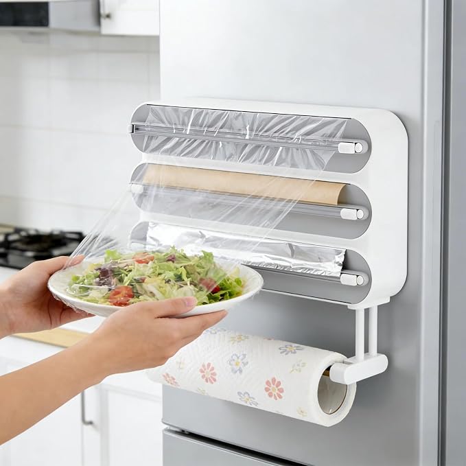 Kitchen Wrap Organizer Wall Mount — Plastic Wrap, Aluminum Foil, Parchment Paper & Paper Towel Holder, 4-in-1 Magnetic Cabinet Organizer, Space Saving ABS Kitchen Storage - Image 4