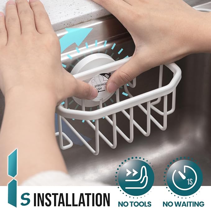 TAILI Sponge Holder for Kitchen Sink with Suction Cup-White, Aluminum | Rustproof Aluminum Sink Caddy for Sponges,Brushes,Stoppers & Scrapers,Removable Ventilated Quick-dry Design, holds Up 11lbs - Image 2