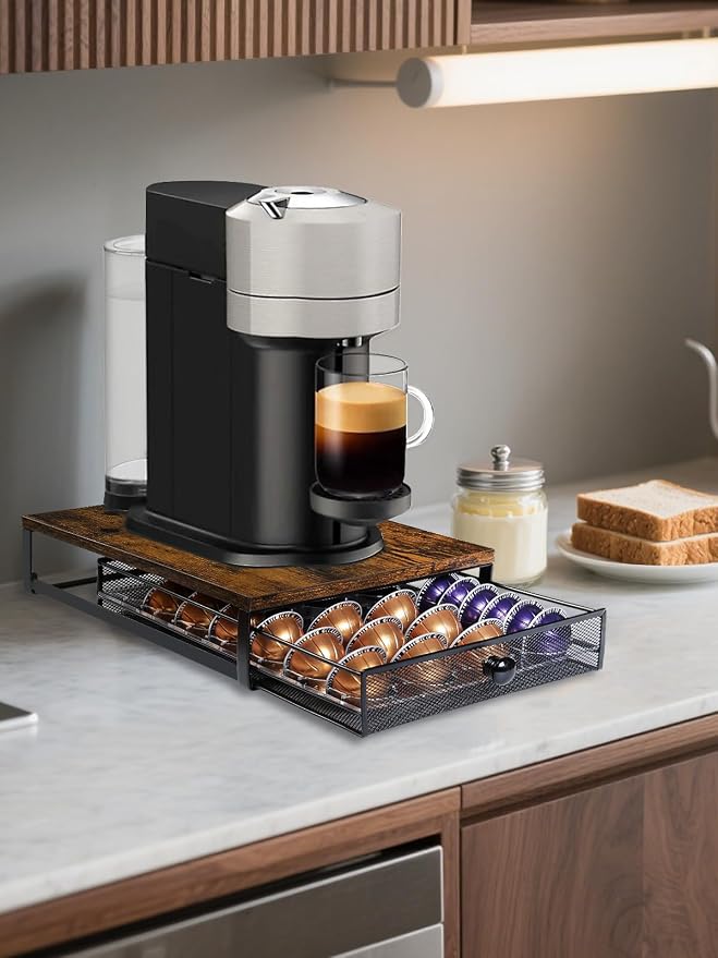 Sedegn Nespresso Vertuo Pod Holder: Pod Organizer for 56 Small/28 Large | Smooth glide drawer for easy access non-slip & tool-free durable fits Vertuo – nespresso pods holder for kitchen office Brown - Image 2