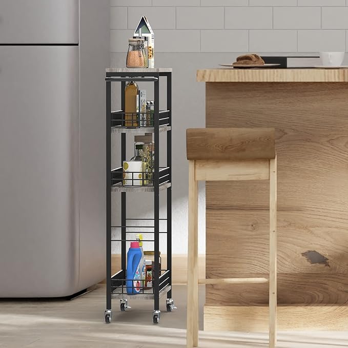NOVIMANGO Slim Storage Cart Narrow Kitchen Cart 4 Tier, Grey | Slim Rolling Cart for Kitchen, Slim Bathroom Storage Cart with Wheels, with Wood Tabletop, for Narrow Spaces - Image 5