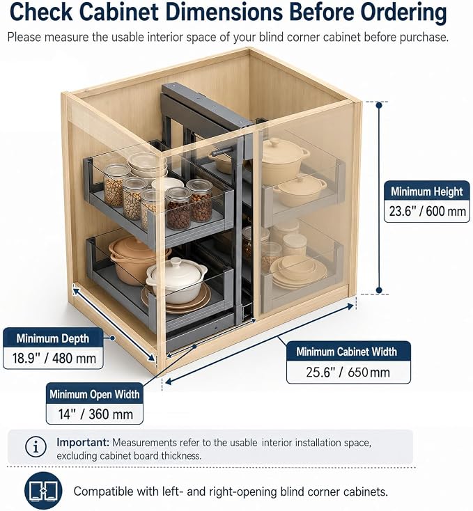 Blind Corner Cabinet Pull Out Organizer, Heavy-Duty Magic Corner Shelves with Soft Close, 2-Tier Full Extension Baskets for 13",14.1",15.3",16.9" Kitchen Cabinets, Left & Right Compatible - Image 2