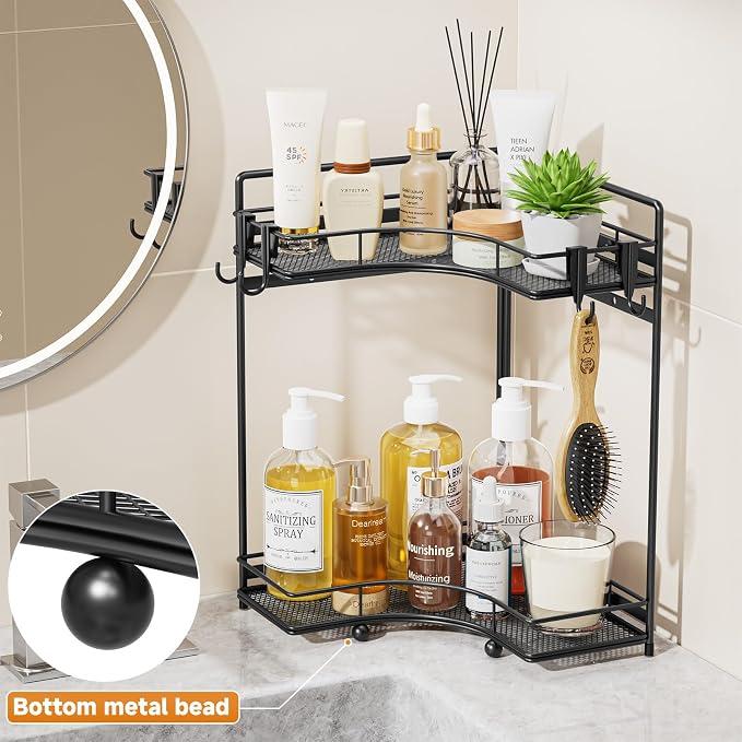 VITVITI 2-Tier Corner Bathroom Counter Organizer, Bathroom Countertop Organizer Storage for Sink, Metal Mesh Makeup Organizer for Vanity Countertop Kitchen with Hooks, Black - Image 2