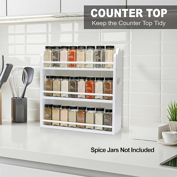 3-Tier Bamboo Spice Rack, Wall Mount & Countertop Spice Organizer | Seasoning Jars Rack Shelf Spice Organizer for Kitchen, Spice Storage Holder with handles, Front and Rear Protective Design - Image 3