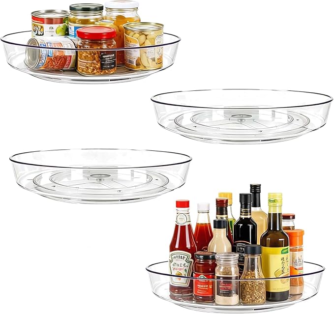 4 Pack Lazy Susan 10 inch Turntable for Spice Organization | Clear BPA-Free Plastic Rotating Organizer for Kitchen Cabinet, Pantry, Countertop, Fridge | 360-Degree Rotating Base by MiraFureBrand