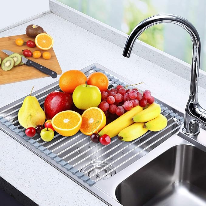 Searik Dish Drying Rack Roll Up Sink Drying Rack, Over The Sink Dish Rack Multi-Use Stainless Steel Dish Drainers Heat Resistant Mat for Drying Draining Trivet (17.7"x13.8") - Image 6