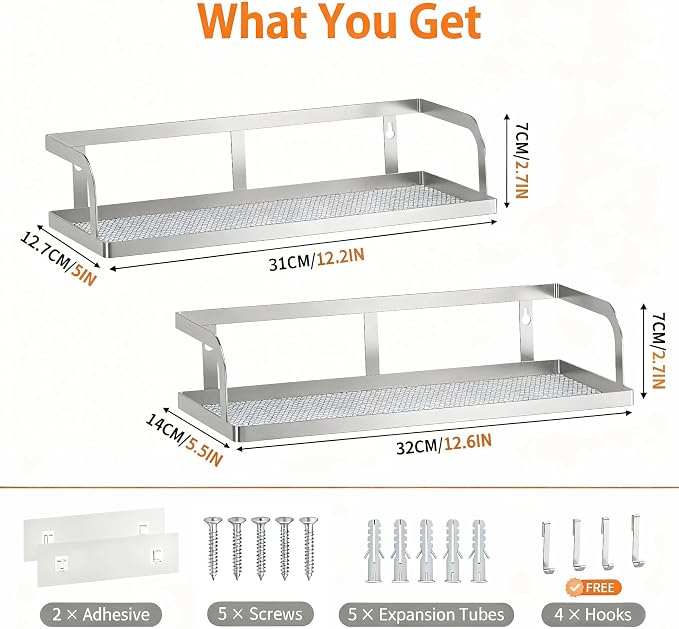 PUSDON 2-Pack Wide Hollowout Shower Caddy & Spice Rack, Wall Mount Bathroom Organizer with Mesh Bottom, Easy Access Cabinet Door Shelf Holds 50LBS - Silver Gray, Hollowout - Image 3
