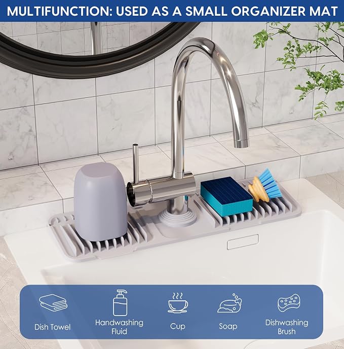 17.7-Inch Silicone Faucet Mat for Kitchen Sink Splash Guard, 7° Slope | 17.7"x5.5" water draining mat with fasten button; 1.6-2.75" customizable hole for bathroom, RV & kitchen sink drip catcher. - Image 7