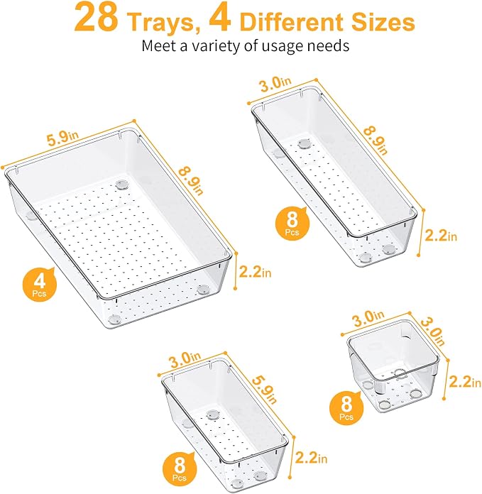 SMARTAKE 28 Piece Drawer Organizers with Non-Slip Silicone Pads, 4-Size | Clear Desk Bathroom Drawer Organizer Trays Storage Tray for Makeup, Jewelry, Utensils in Bedroom Dresser, Office and Kitchen - Image 3