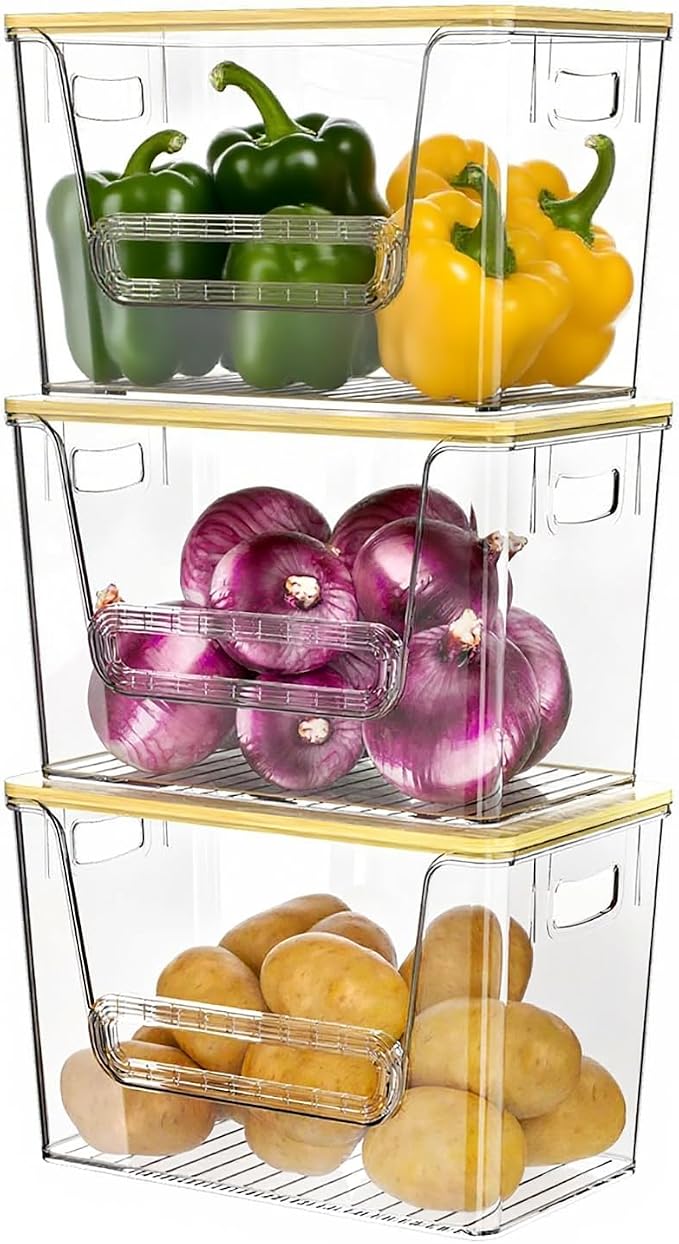 Delamu 3 Pack Pantry Organizers and Storage,Trash Bag Dispenser with Bamboo Top,Stackable Trash Bag Dispenser Under Sink Organizer for 4-30 GalBags,Onion,Potato,Fruits,Clear by DELAMU