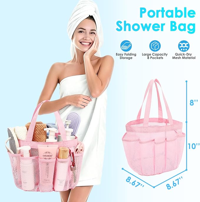 Fammart Mesh Shower Caddy Portable for College Dorm Room Essentials, Odorless Polyester Large Shower Tote Bag with Dual Handles, 8-Pocket Quick-Dry Toiletry Organizer for Travel, Beach, Camping, Gym - Image 2