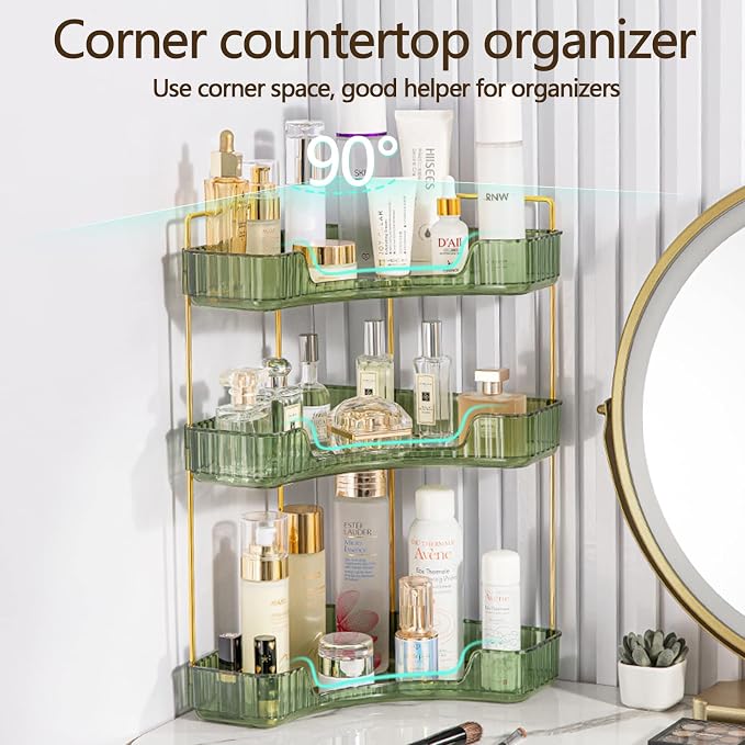 3-Tier Corner Bathroom Counter Organizer – Classic Storage Shelf for Makeup, Perfume & Toiletries, Space-Saving Countertop Tray Fits Bathroom, Dresser, Kitchen (Sage Green) - Image 4