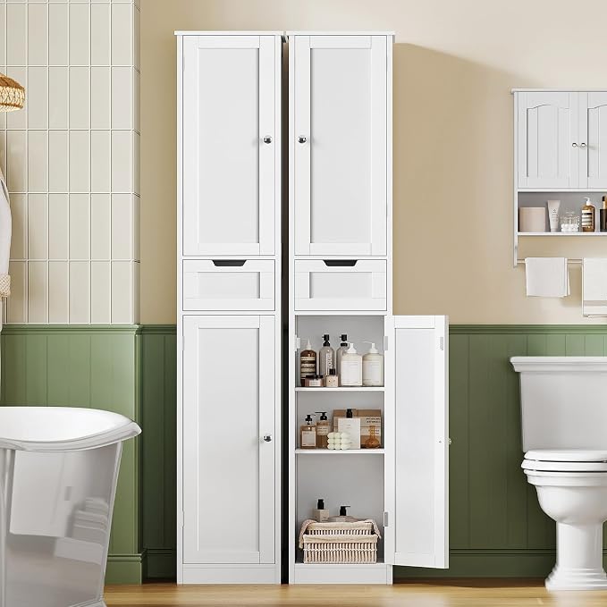 Iwell Tall Bathroom Cabinet, Slim Narrow Bathroom Storage Cabinet with Adjustable Shelves, Storage Cabinets with 1 Drawer, for Bathroom, Living Room, Entryway, Kitchen, White - Image 2