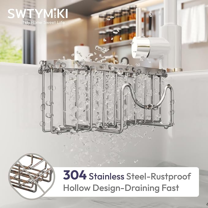 SWTYMIKI Sponge Holder for Kitchen Sink - Movable Kitchen Sink Caddy with M Shape Hook Stainless Steel Hanging Sponges Caddy Organizer in Double Bowl Sinks Depth>3.15in, Middle divider<1.5in, Silver L - Image 4