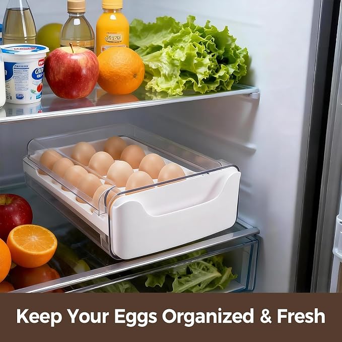 Egg-Holder for Fridge, Fits Small to Large Eggs, White | 18 Egg-Storage for Refrigerator Countertop, 1 Tier Dispenser with Drawer, Stackable Clear Egg Tray Container - Image 6