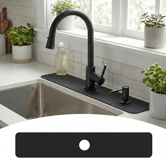 33 Lx5.5 W Long Kitchen Sink Faucet Mat: Customizable Black Splash Guard with Pre-Cut Center Hole for Large Double bowl Sink, DIY to Fits irregular & 2, 3, 4 hole sinks with Soap Dispenser & Air Gap by EazziSwitch