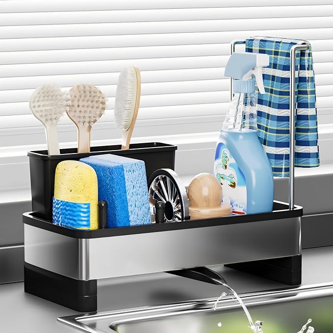 Ewaiira Stainless Steel Sink Caddy, Sponge Holder for Kitchen Sink 9.8″ | with Brush Holder and Towel Rack, Sink Organizer for Countertop, Soap Kitchen Organizers Storage Essentials, Black by EwaiiraHomeStorageOrganizer