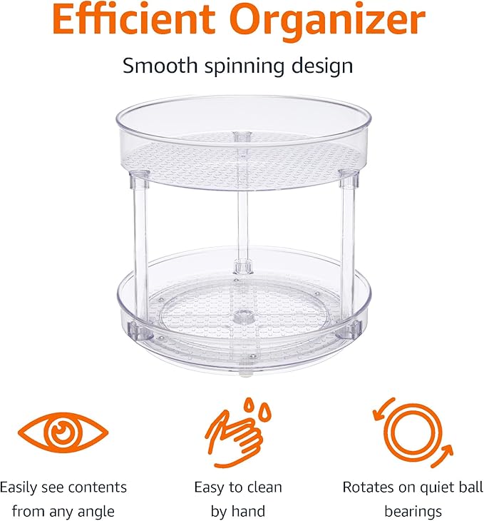 Amazon Basics Lazy Susan Turntable Organizer for Spices and Condiments, 9" Diameter, 2 Tier, Clear - Image 2